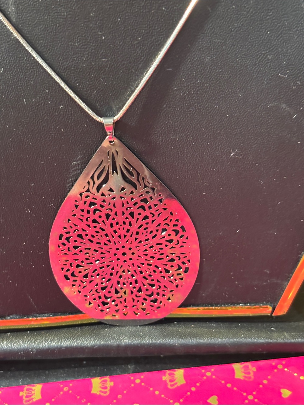 Pink Filigree Teardrop Necklace and Earring Set - Women Jewelry - Picture 3 of 3